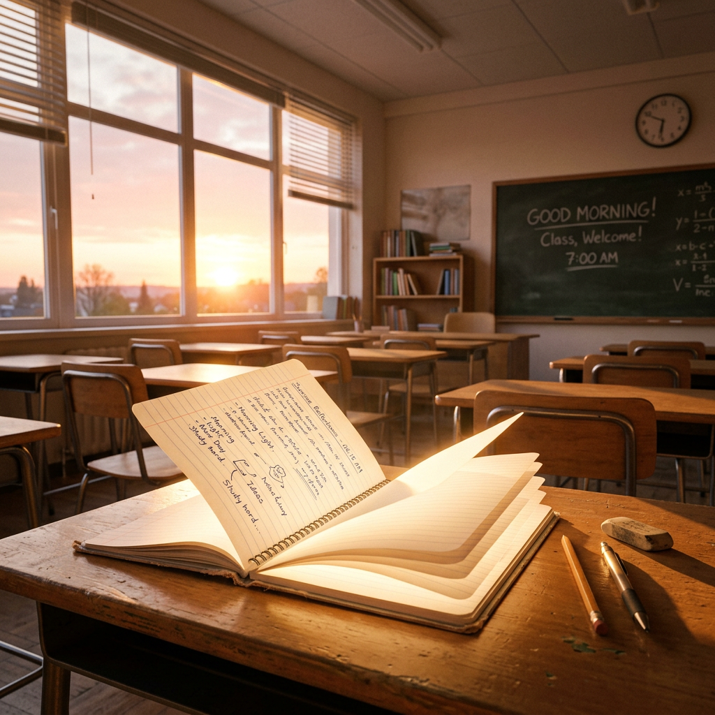 Sunlit empty classroom with open notebook on desk and morning notes