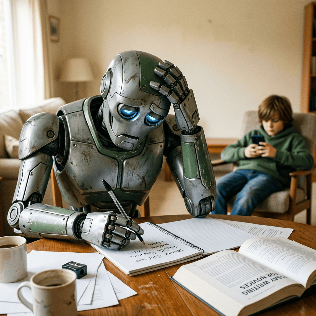 Robot writing in a notebook while a student uses a phone nearby